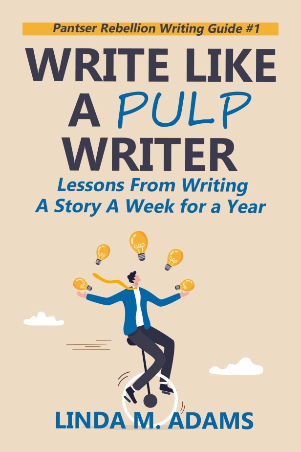 Write Like a Pulp Writer cover showing a man juggling lightbulbs