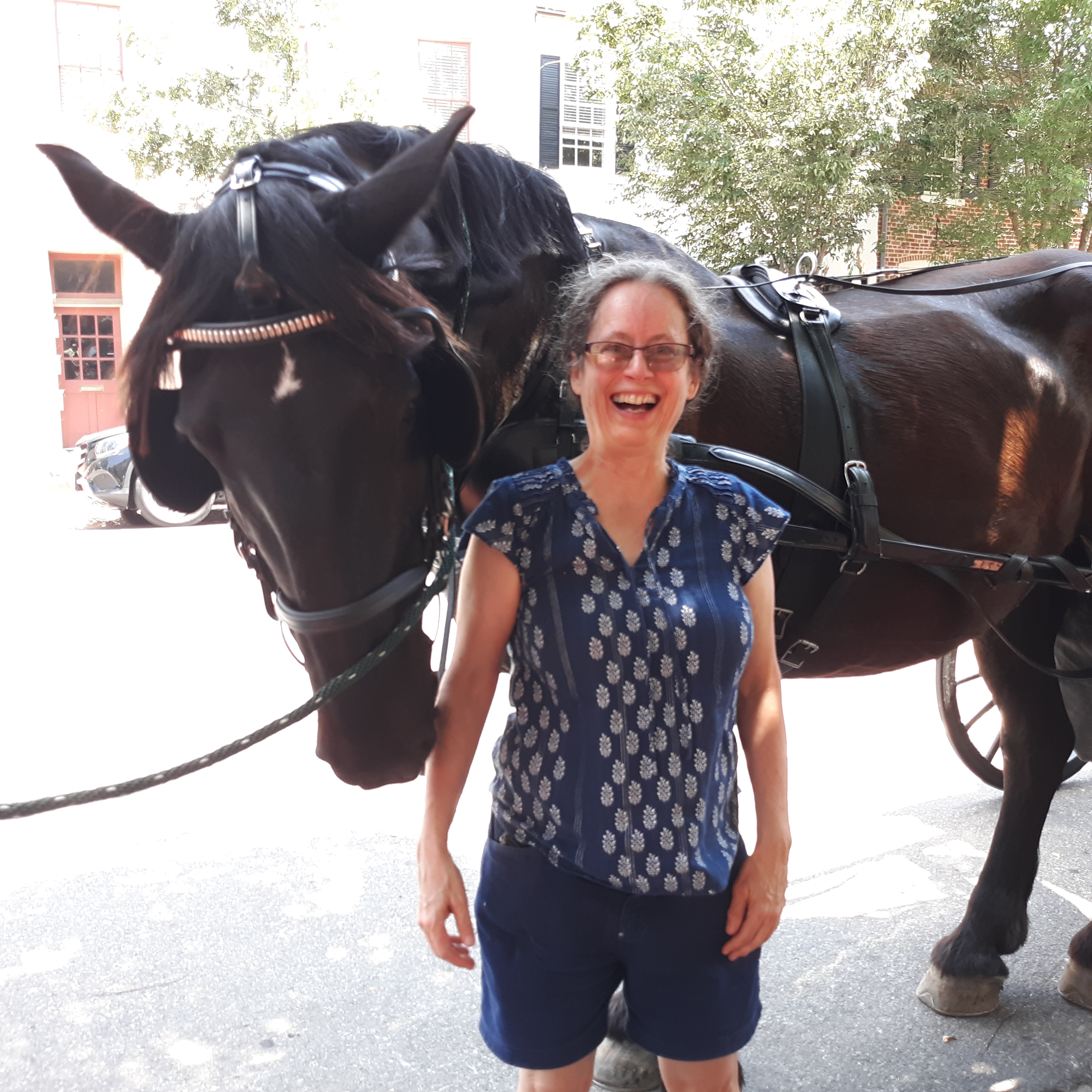 Linda Adams standing in front of Raven, a former plow horse