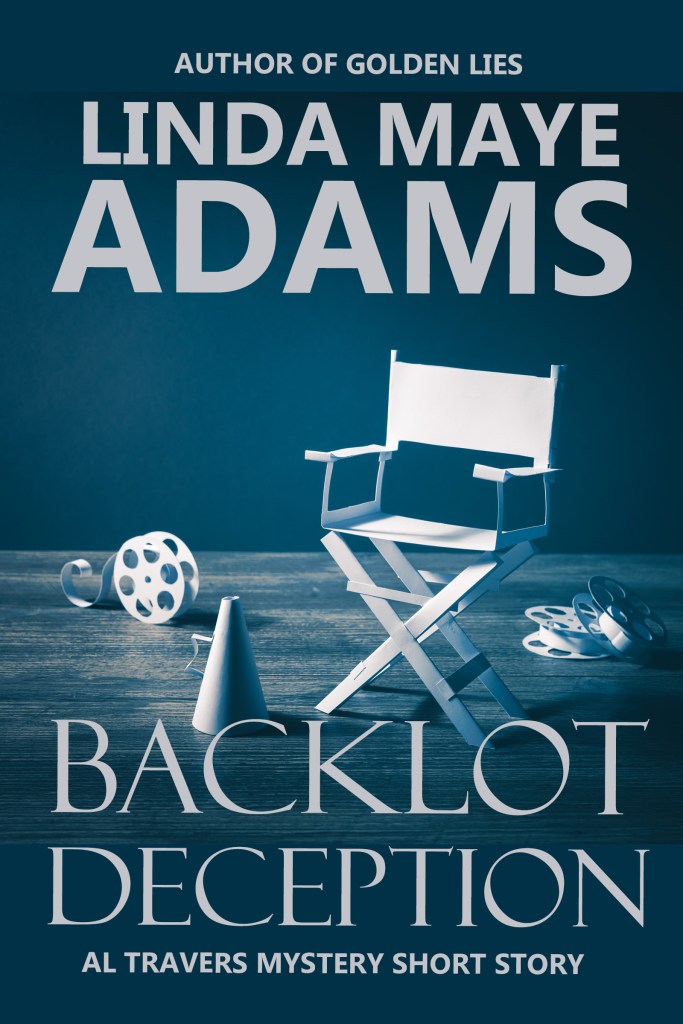 AL Travers' short story — noir mystery— title: Backlot Deception — a director's chair with a warning cone.